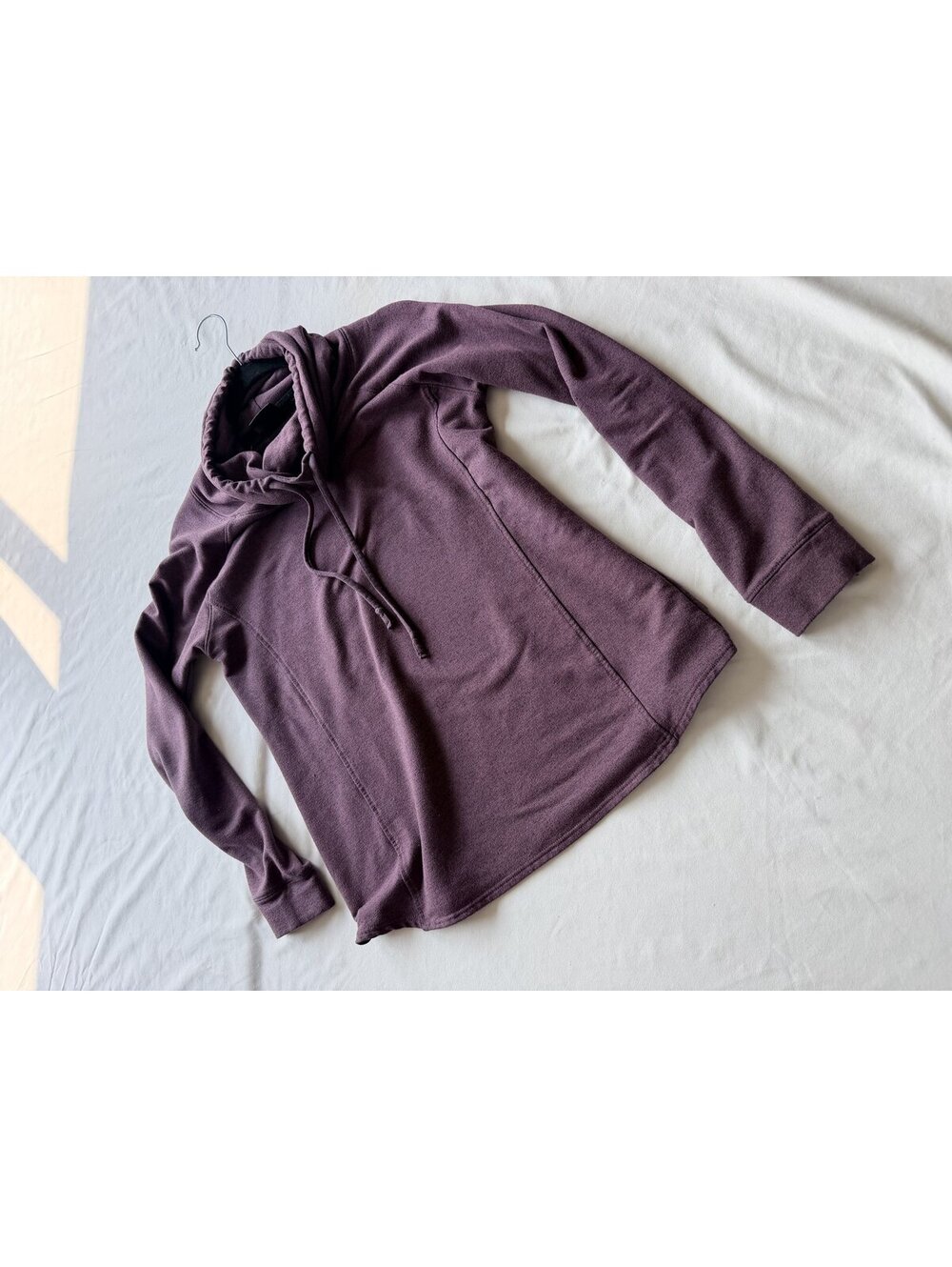 Funnel Neck Fleece Pullover Drawstring Cowl Hood Heather Plum Size M